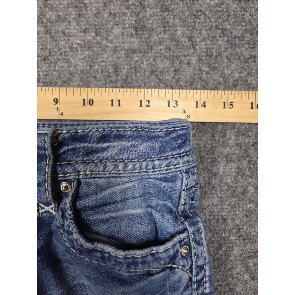 Rock Revival Lang Bootcut Jeans Womens 26 Blue Distressed Mid Rise Thick Stitch - Picture 8 of 13